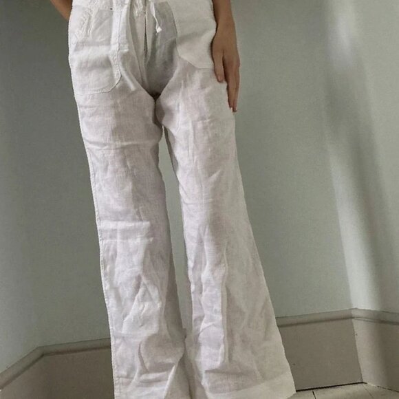 white wide leg Boho chic drawstring lightweight linen trousers - Picture 1 of 4